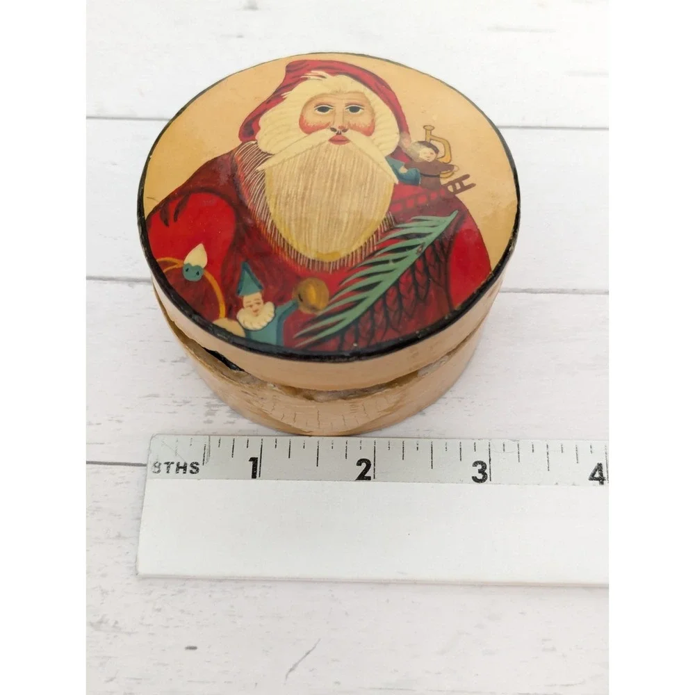 Vtg Hand Painted Paper Mache Lacquer Trinket Box Santa Christmas Box Lid India
